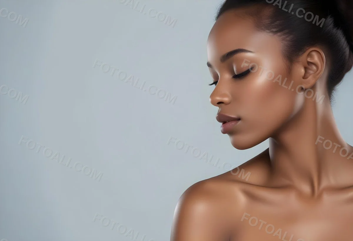 Minimal Soft Studio Light Photography A Young African Woman With Dark Skin Full Lips And Closed Eyes Her Face Is The Main Focus Of The Image Against A Plain Background High Detail Solid Bold Color Background 58 Df3d