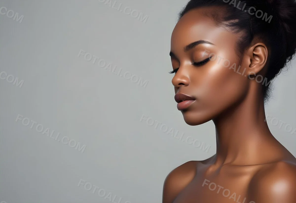 Minimal Soft Studio Light Photography A Young African Woman With Dark Skin Full Lips And Closed Eyes Her Face Is The Main Focus Of The Image Against A Plain Background High Detail Solid Bold Color Background 60 E17d