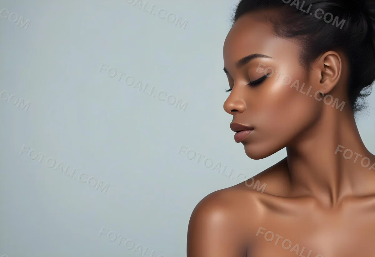 Minimal Soft Studio Light Photography A Young African Woman With Dark Skin Full Lips And Closed Eyes Her Face Is The Main Focus Of The Image Against A Plain Background High Detail Solid Bold Color Background 61 E703