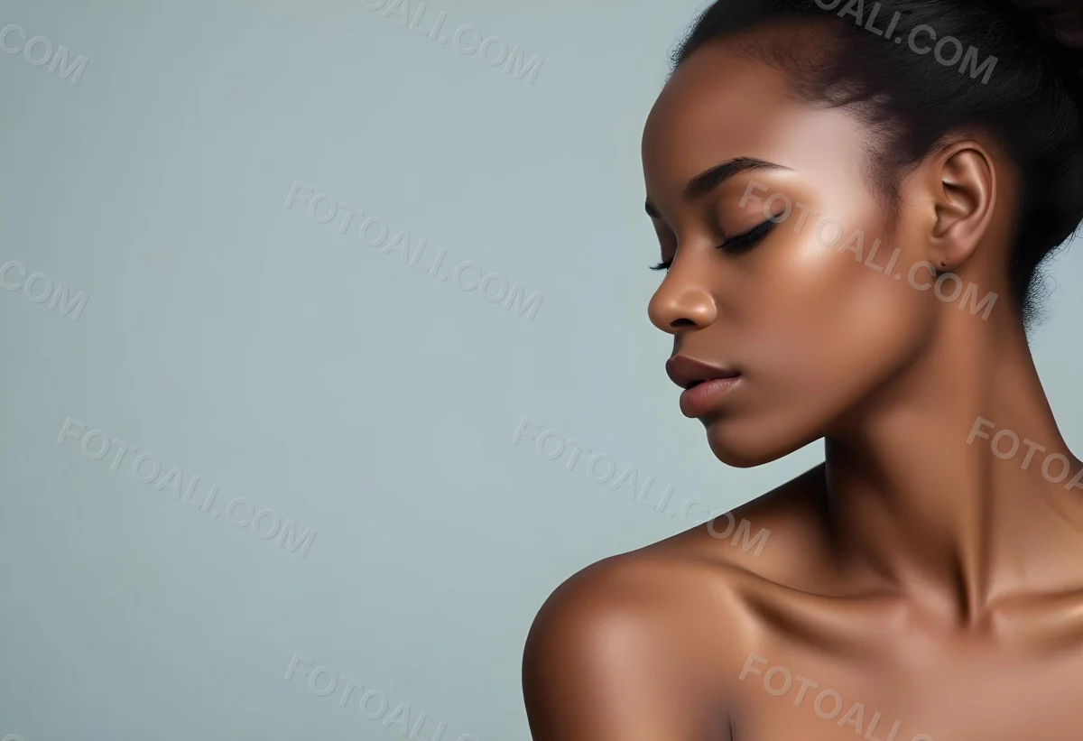 Minimal Soft Studio Light Photography A Young African Woman With Dark Skin Full Lips And Closed Eyes Her Face Is The Main Focus Of The Image Against A Plain Background High Detail Solid Bold Color Background 63 43b3