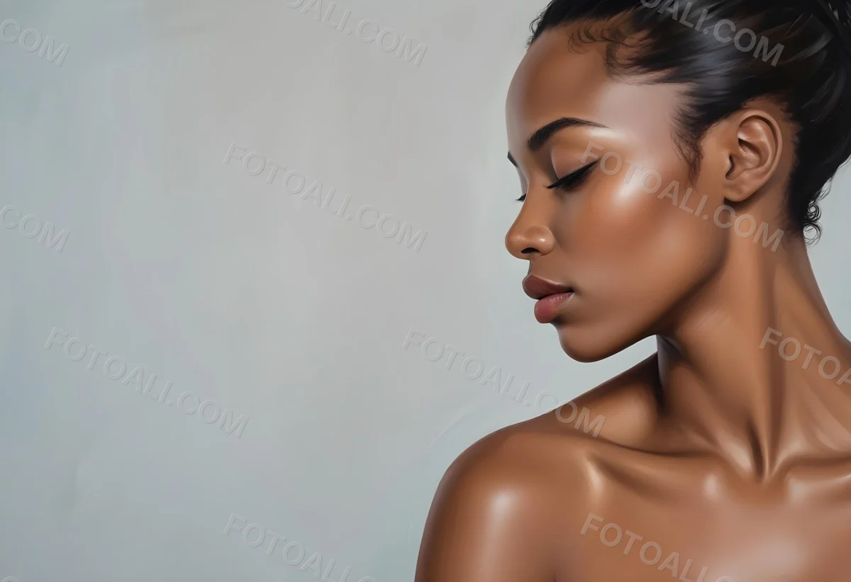 Minimal Soft Studio Light Photography A Young African Woman With Dark Skin Full Lips And Closed Eyes Her Face Is The Main Focus Of The Image Against A Plain Background High Detail Solid Bold Color Background 74 5763