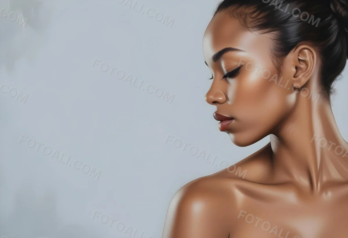 Minimal Soft Studio Light Photography A Young African Woman With Dark Skin Full Lips And Closed Eyes Her Face Is The Main Focus Of The Image Against A Plain Background High Detail Solid Bold Color Background 88 6d3d