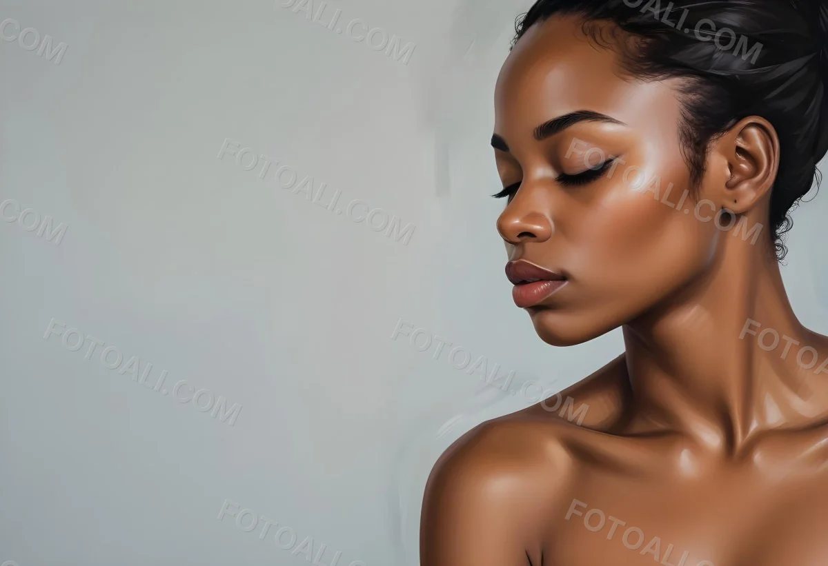 Minimal Soft Studio Light Photography A Young African Woman With Dark Skin Full Lips And Closed Eyes Her Face Is The Main Focus Of The Image Against A Plain Background High Detail Solid Bold Color Background 92 77e0