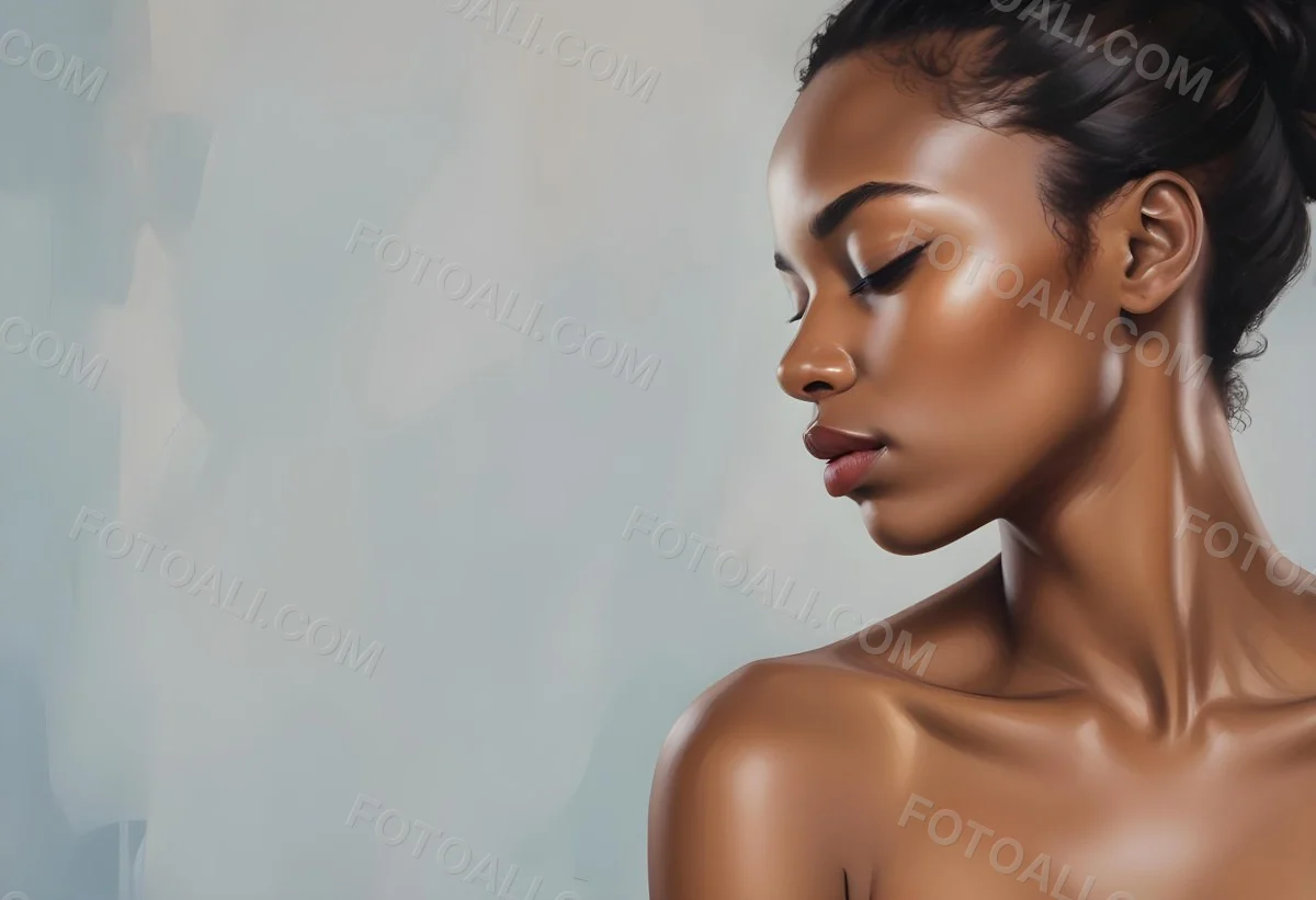 Minimal Soft Studio Light Photography A Young African Woman With Dark Skin Full Lips And Closed Eyes Her Face Is The Main Focus Of The Image Against A Plain Background High Detail Solid Bold Color Background 95 C427