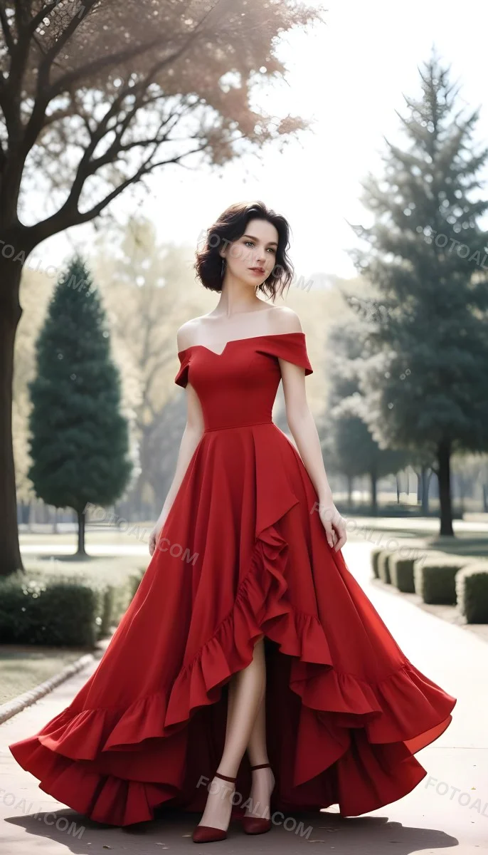 Minimal Soft Studio Light Photography A Young Caucasian Woman With Dark Hair Wearing A Red Off The Shoulder Dress With A Ruffled Skirt Standing In A Park Like Setting With Trees In The Background High Detail Solid Bol 3 75a7