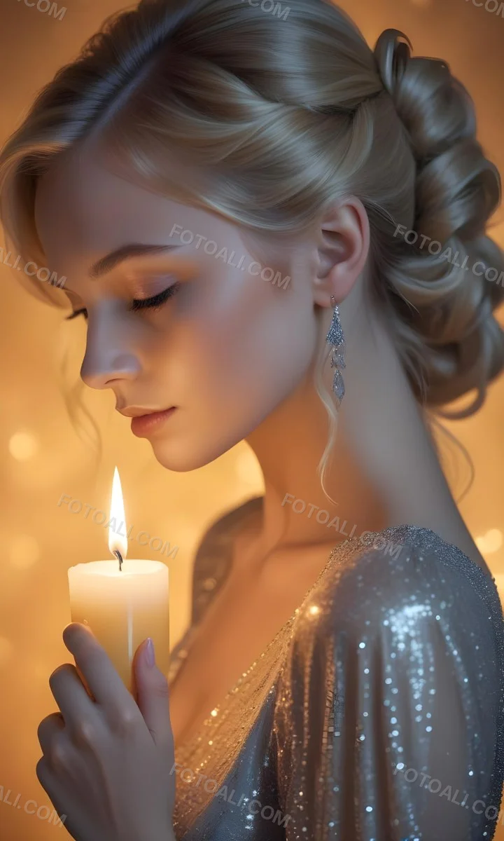 Minimal Soft Studio Light Photography A Young Caucasian Woman With Long Blonde Hair Styled In An Updo Wearing A Sparkling Silver Dress And Holding A Lit Candle The Background Is A Warm Golden Color High Detail Sol 14 F110