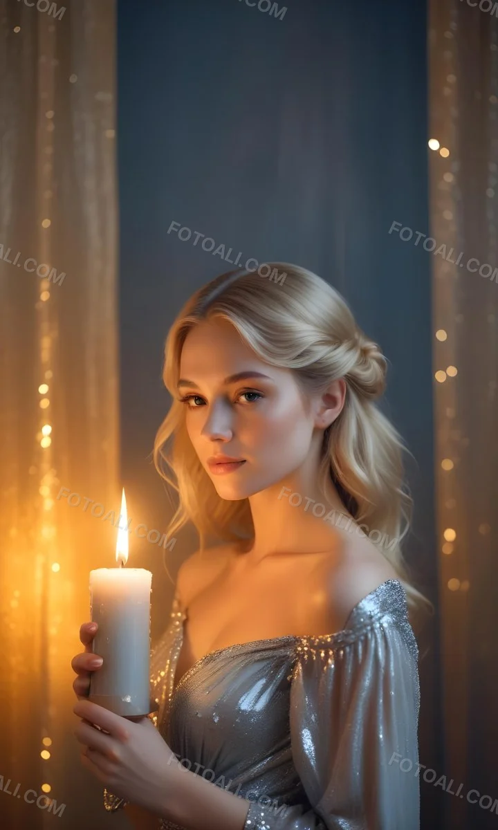 Minimal Soft Studio Light Photography A Young Caucasian Woman With Long Blonde Hair Styled In An Updo Wearing A Sparkling Silver Dress And Holding A Lit Candle The Background Is A Warm Golden Color High Detail Sol 15 Bdd6