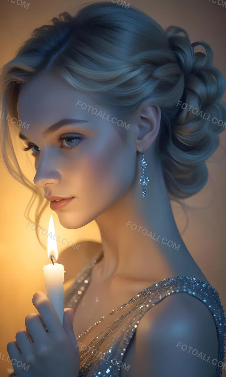 Minimal Soft Studio Light Photography A Young Caucasian Woman With Long Blonde Hair Styled In An Updo Wearing A Sparkling Silver Dress And Holding A Lit Candle The Background Is A Warm Golden Color High Detail Sol 16 D0c0