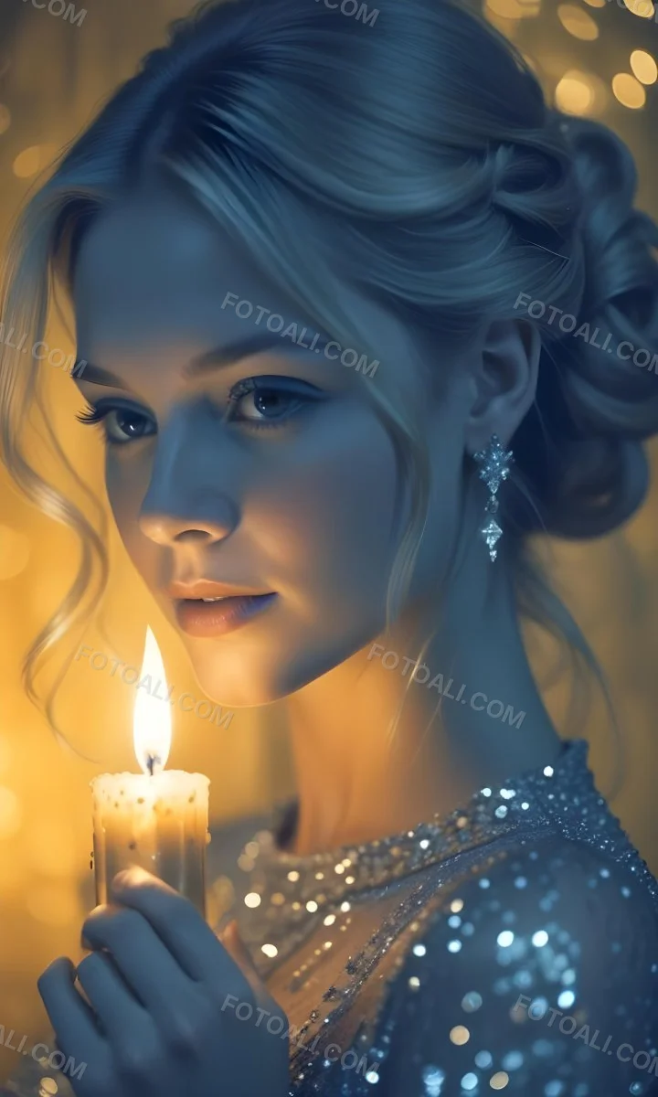 Minimal Soft Studio Light Photography A Young Caucasian Woman With Long Blonde Hair Styled In An Updo Wearing A Sparkling Silver Dress And Holding A Lit Candle The Background Is A Warm Golden Color High Detail Sol 3 1bde