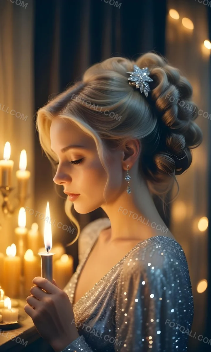 Minimal Soft Studio Light Photography A Young Caucasian Woman With Long Blonde Hair Styled In An Updo Wearing A Sparkling Silver Dress And Holding A Lit Candle The Background Is A Warm Golden Color High Detail Sol 4 85db