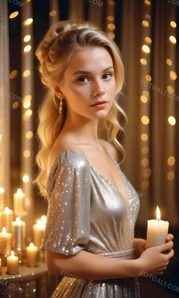 Minimal Soft Studio Light Photography A Young Caucasian Woman With Long Blonde Hair Styled In An Updo Wearing A Sparkling Silver Dress And Holding A Lit Candle The Background Is A Warm Golden Color High Detail Sol 6 Ef23