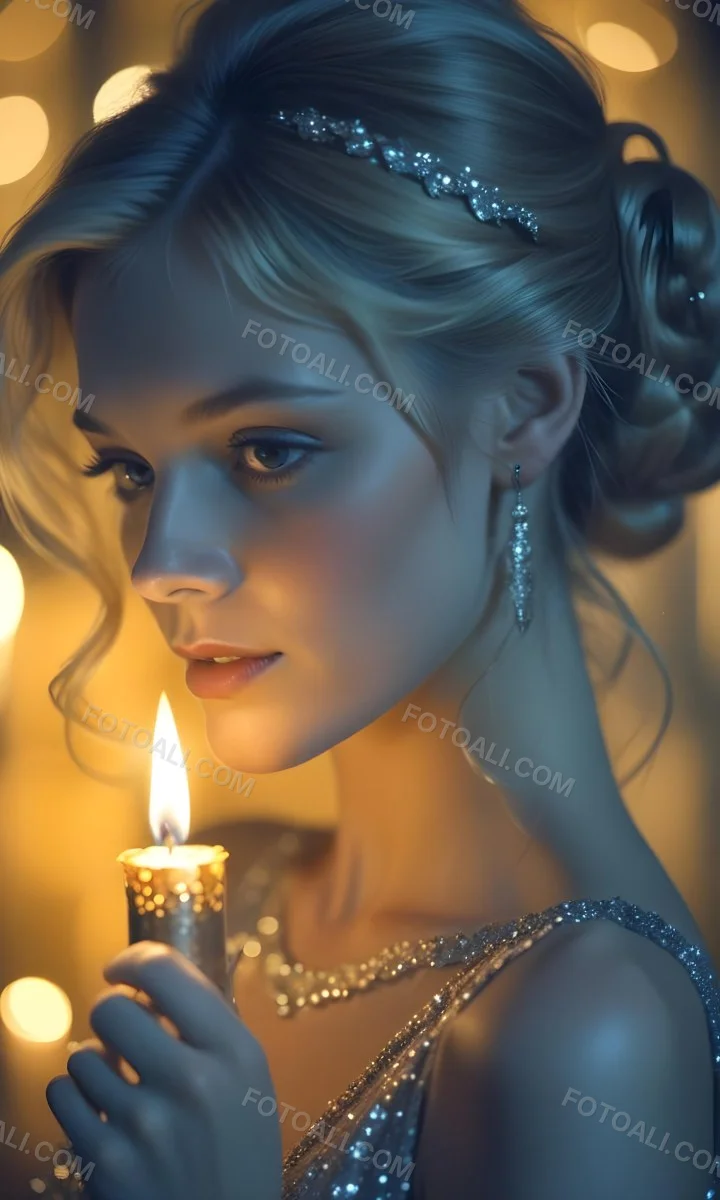 Minimal Soft Studio Light Photography A Young Caucasian Woman With Long Blonde Hair Styled In An Updo Wearing A Sparkling Silver Dress And Holding A Lit Candle The Background Is A Warm Golden Color High Detail Sol 7 F494