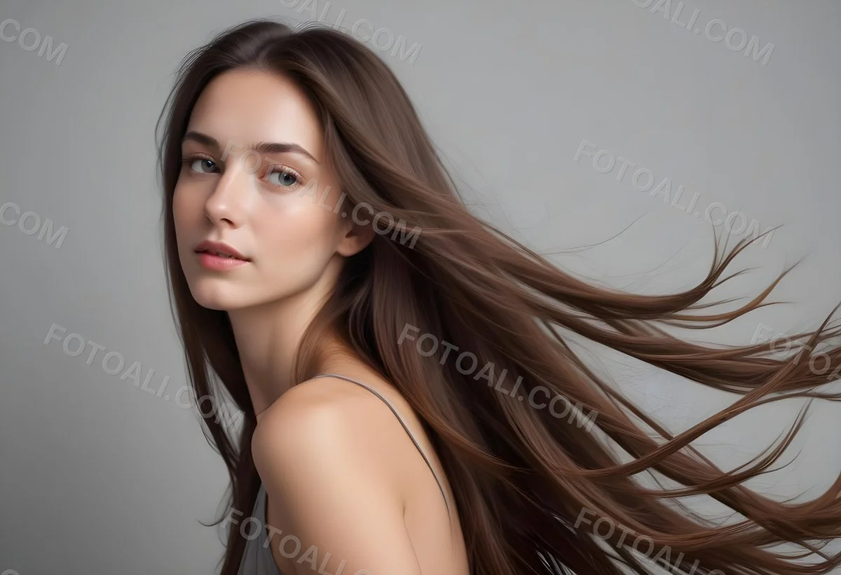 Minimal Soft Studio Light Photography A Young Caucasian Woman With Long Straight Brown Hair Flowing In The Wind Against A Plain Gray Background High Detail Solid Bold Color Background 1 0af7