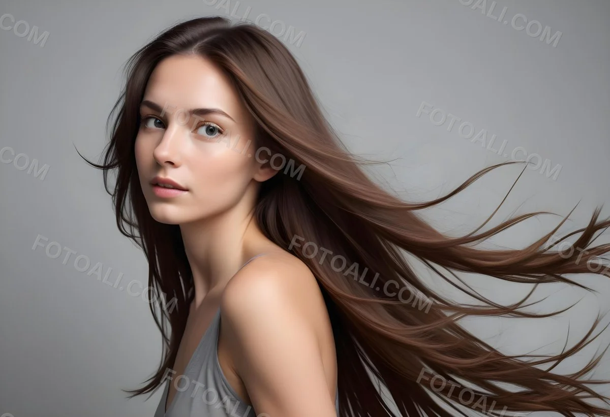 Minimal Soft Studio Light Photography A Young Caucasian Woman With Long Straight Brown Hair Flowing In The Wind Against A Plain Gray Background High Detail Solid Bold Color Background 12 6613