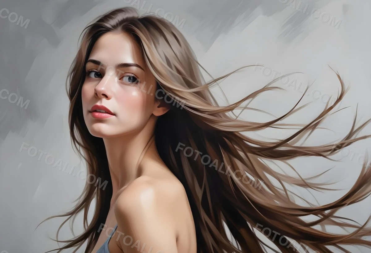 Minimal Soft Studio Light Photography A Young Caucasian Woman With Long Straight Brown Hair Flowing In The Wind Against A Plain Gray Background High Detail Solid Bold Color Background 17 F661