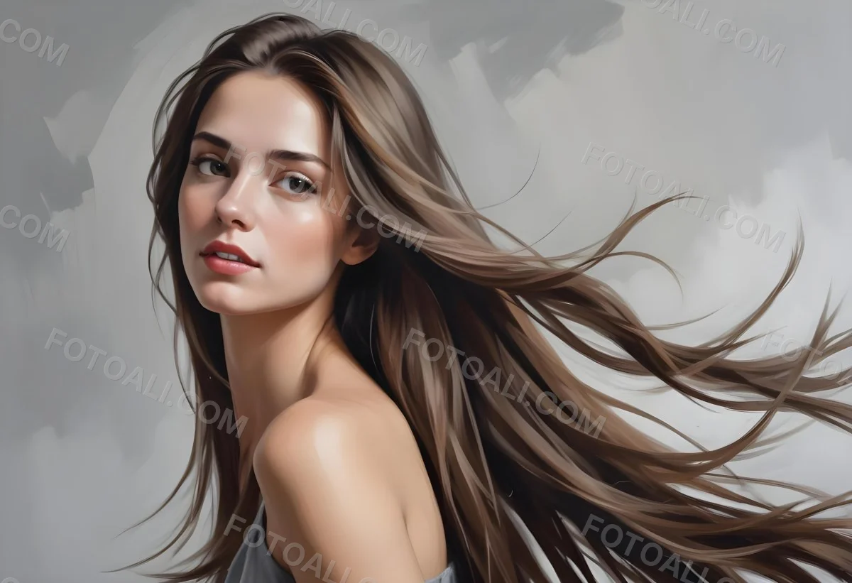 Minimal Soft Studio Light Photography A Young Caucasian Woman With Long Straight Brown Hair Flowing In The Wind Against A Plain Gray Background High Detail Solid Bold Color Background 18 8e45
