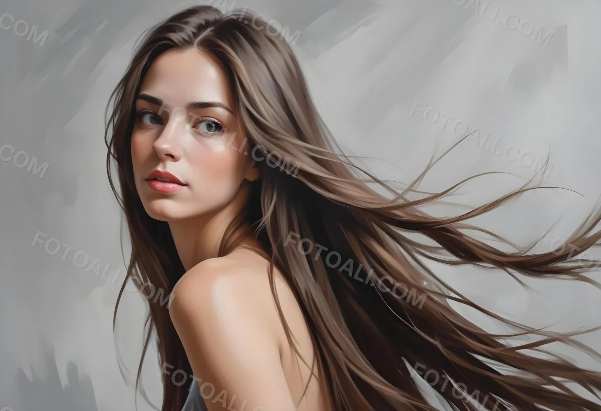 Minimal Soft Studio Light Photography A Young Caucasian Woman With Long Straight Brown Hair Flowing In The Wind Against A Plain Gray Background High Detail Solid Bold Color Background 21 Cc94