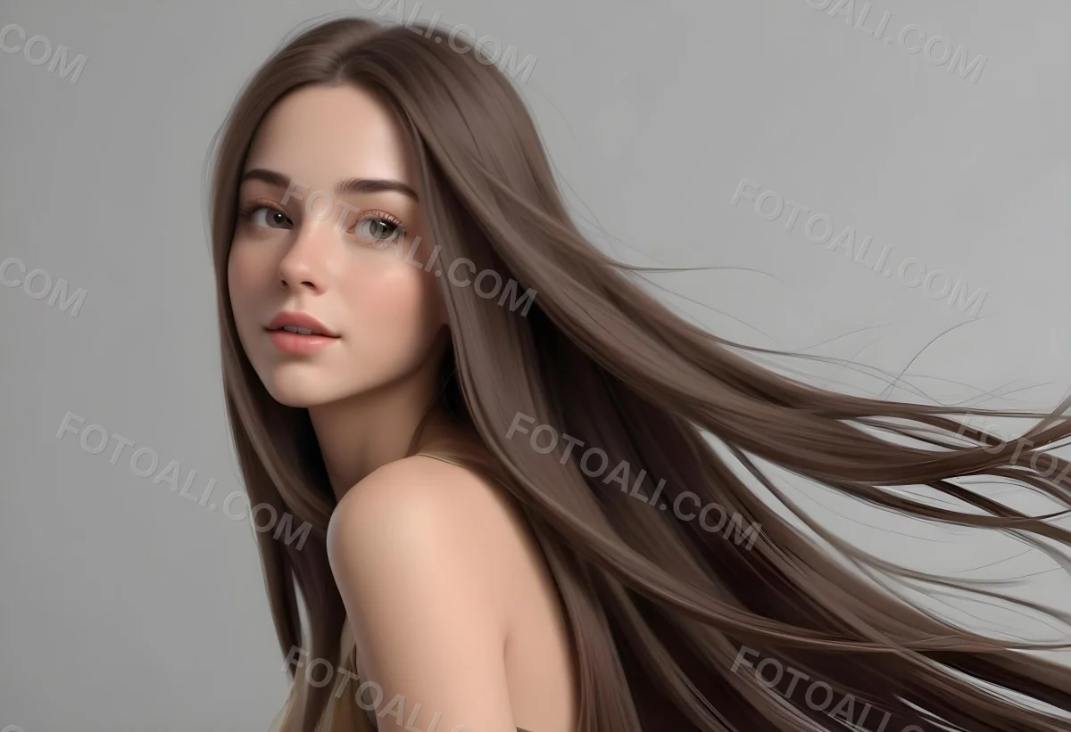Minimal Soft Studio Light Photography A Young Caucasian Woman With Long Straight Brown Hair Flowing In The Wind Against A Plain Gray Background High Detail Solid Bold Color Background 25 7e4e