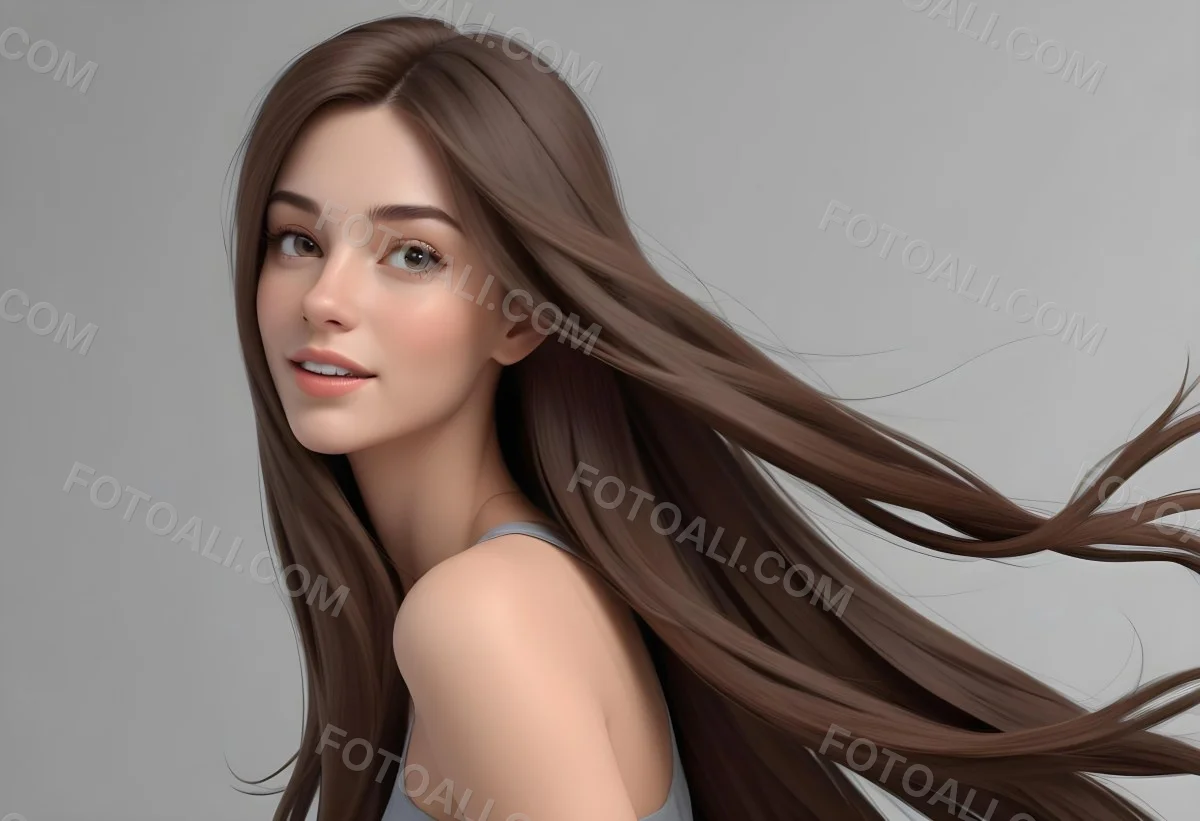 Minimal Soft Studio Light Photography A Young Caucasian Woman With Long Straight Brown Hair Flowing In The Wind Against A Plain Gray Background High Detail Solid Bold Color Background 28 Aa5e