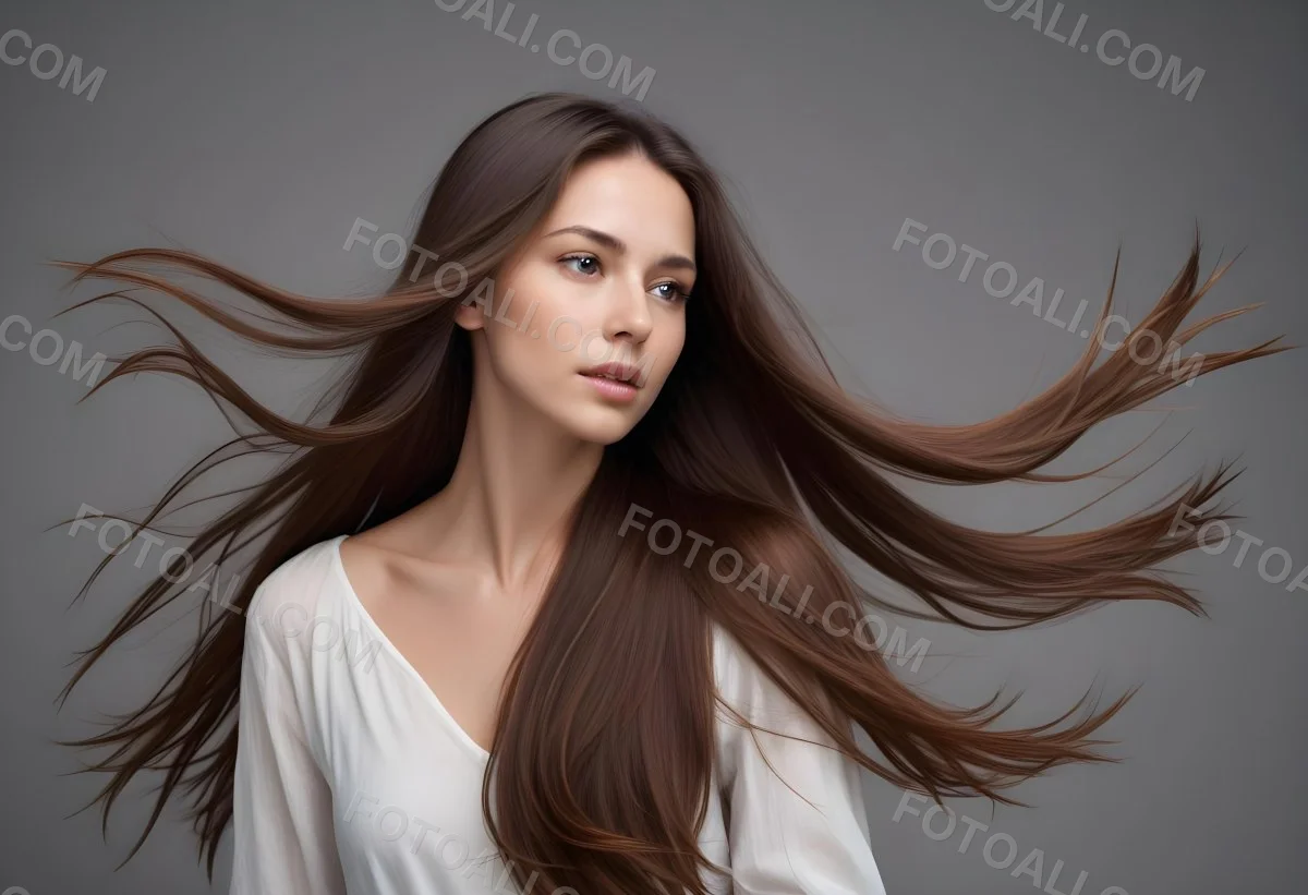 Minimal Soft Studio Light Photography A Young Caucasian Woman With Long Straight Brown Hair Flowing In The Wind Against A Plain Gray Background High Detail Solid Bold Color Background 3 938e