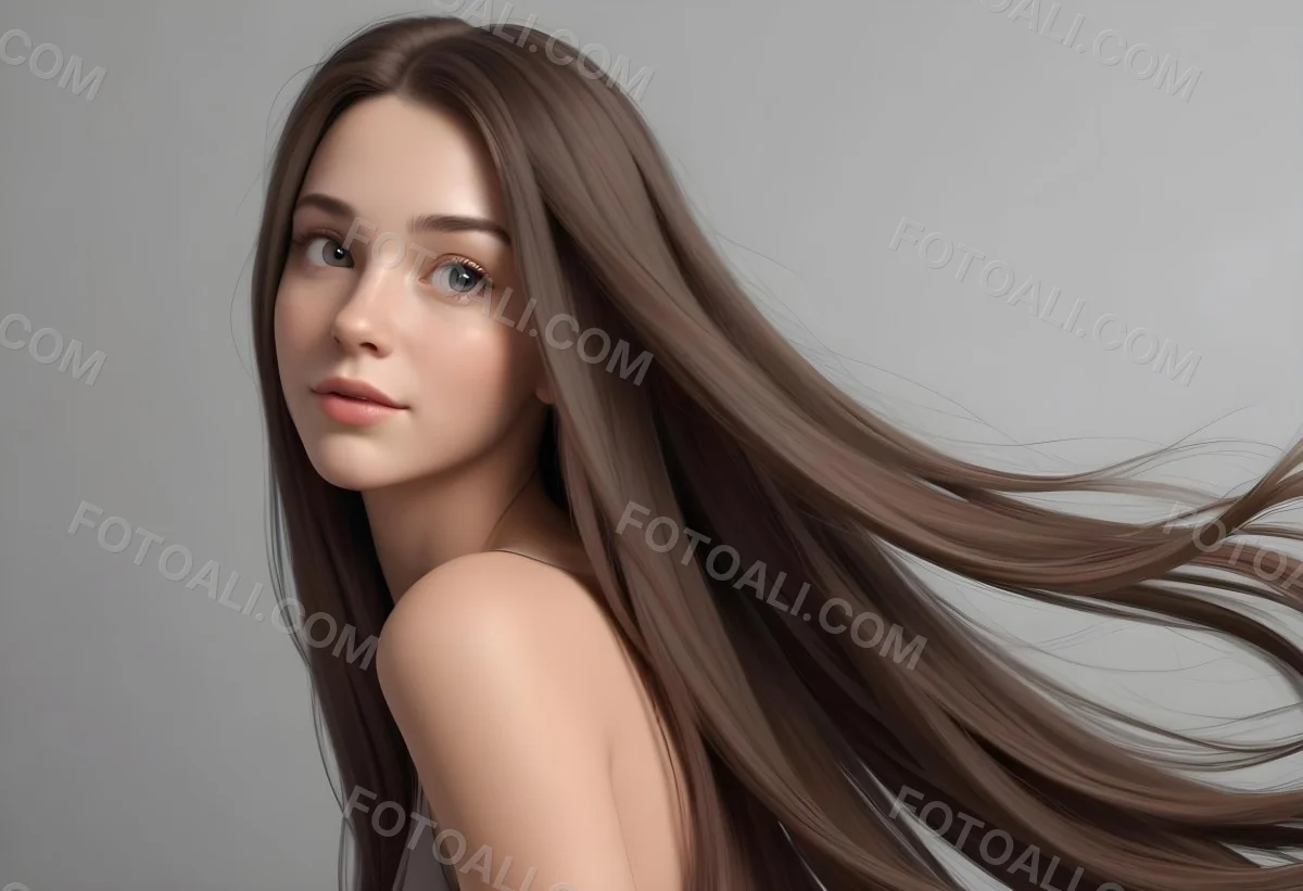 Minimal Soft Studio Light Photography A Young Caucasian Woman With Long Straight Brown Hair Flowing In The Wind Against A Plain Gray Background High Detail Solid Bold Color Background 30 Dce2