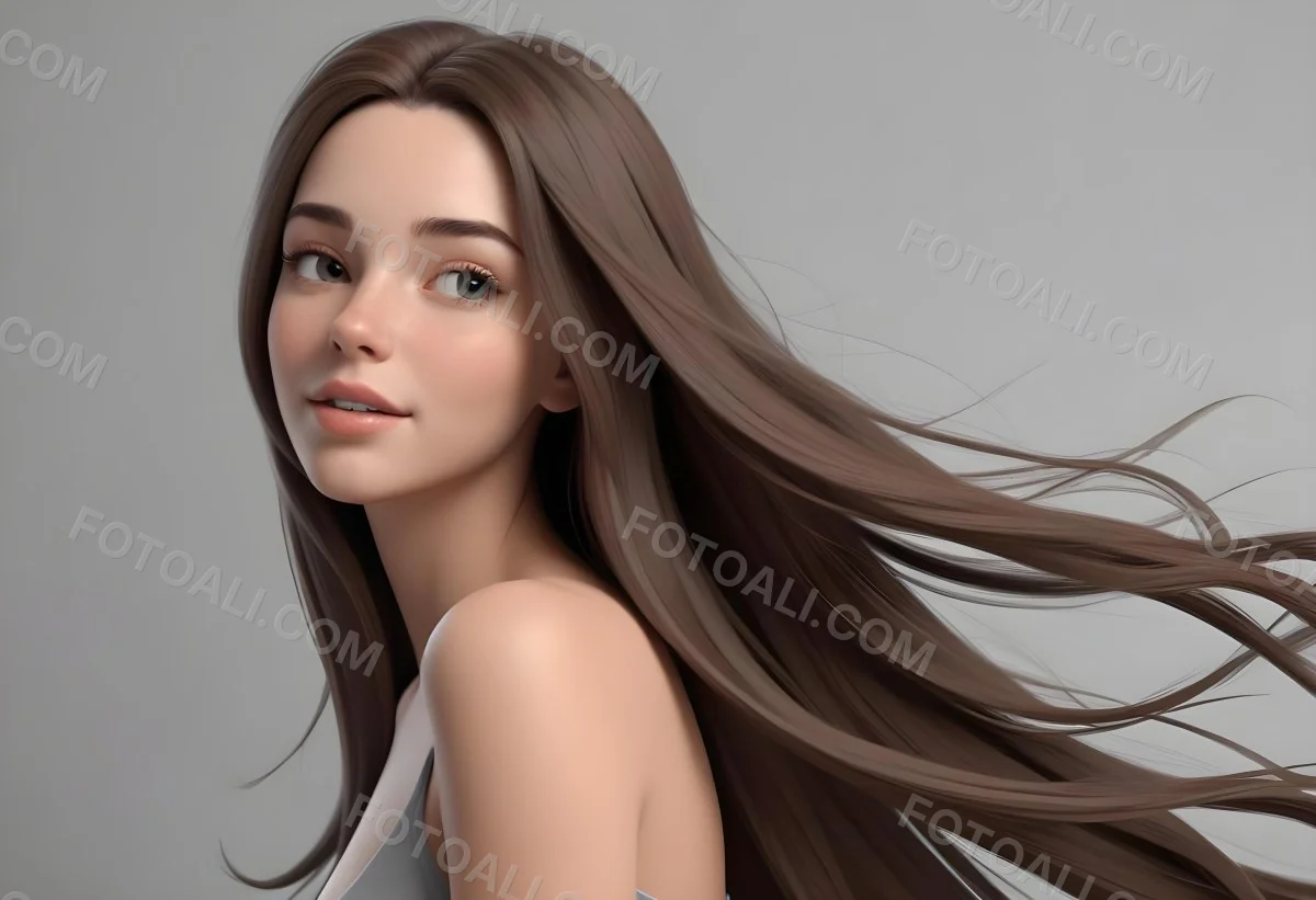 Minimal Soft Studio Light Photography A Young Caucasian Woman With Long Straight Brown Hair Flowing In The Wind Against A Plain Gray Background High Detail Solid Bold Color Background 31 1fb8