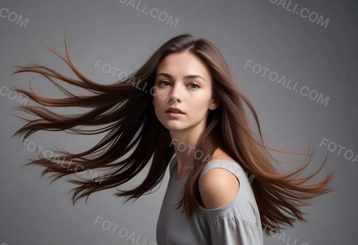 Minimal Soft Studio Light Photography A Young Caucasian Woman With Long Straight Brown Hair Flowing In The Wind Against A Plain Gray Background High Detail Solid Bold Color Background 4 0b5d