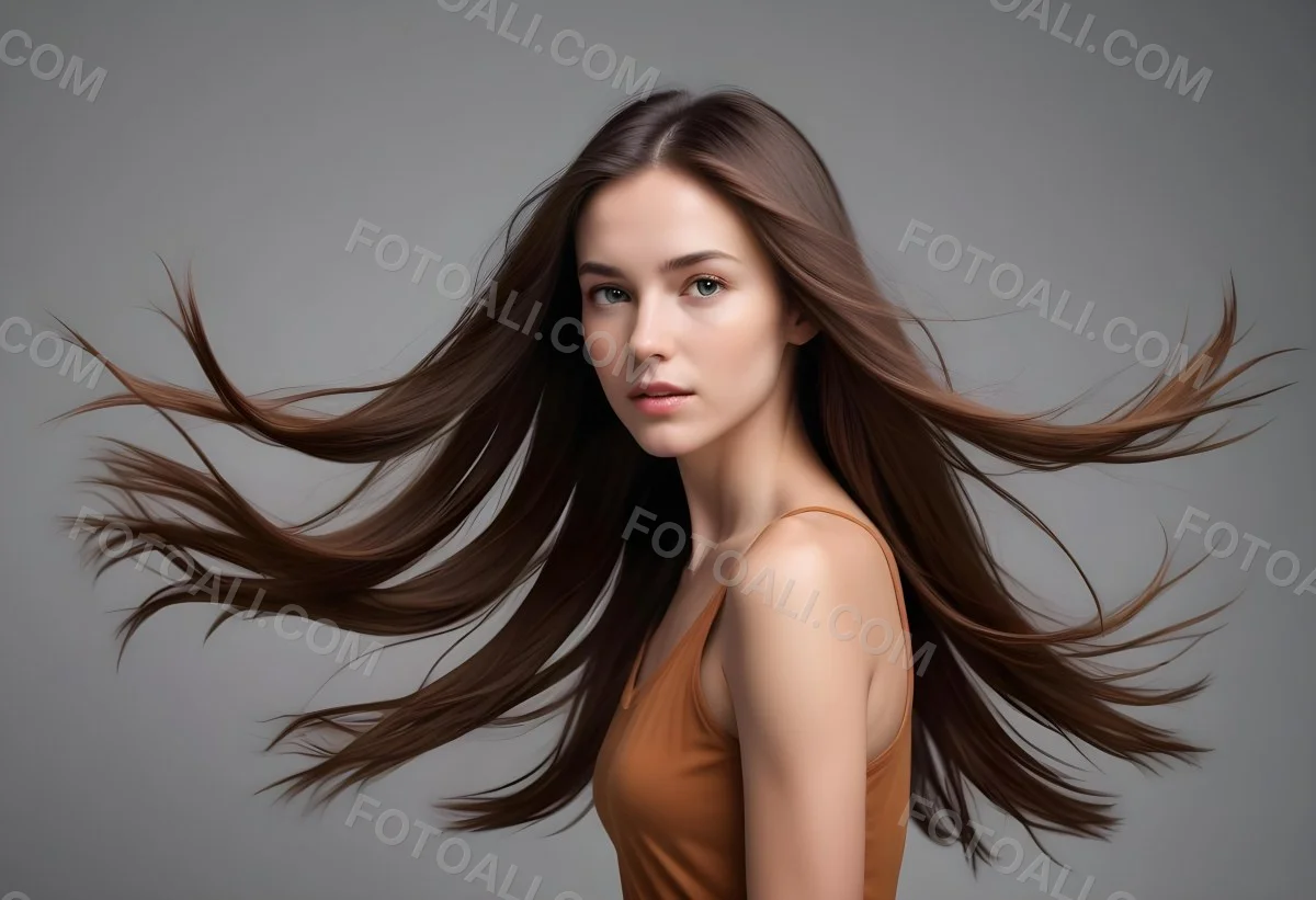 Minimal Soft Studio Light Photography A Young Caucasian Woman With Long Straight Brown Hair Flowing In The Wind Against A Plain Gray Background High Detail Solid Bold Color Background 5 C050
