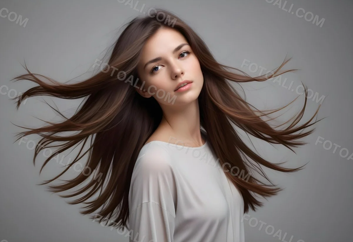 Minimal Soft Studio Light Photography A Young Caucasian Woman With Long Straight Brown Hair Flowing In The Wind Against A Plain Gray Background High Detail Solid Bold Color Background 6 96ab