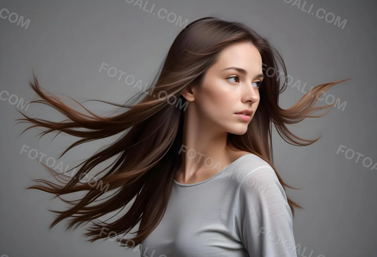 Minimal Soft Studio Light Photography A Young Caucasian Woman With Long Straight Brown Hair Flowing In The Wind Against A Plain Gray Background High Detail Solid Bold Color Background 7 962d