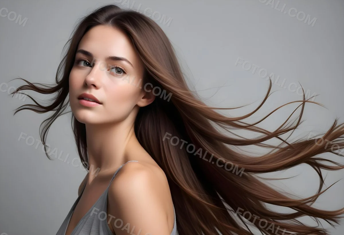 Minimal Soft Studio Light Photography A Young Caucasian Woman With Long Straight Brown Hair Flowing In The Wind Against A Plain Gray Background High Detail Solid Bold Color Background 8 D430