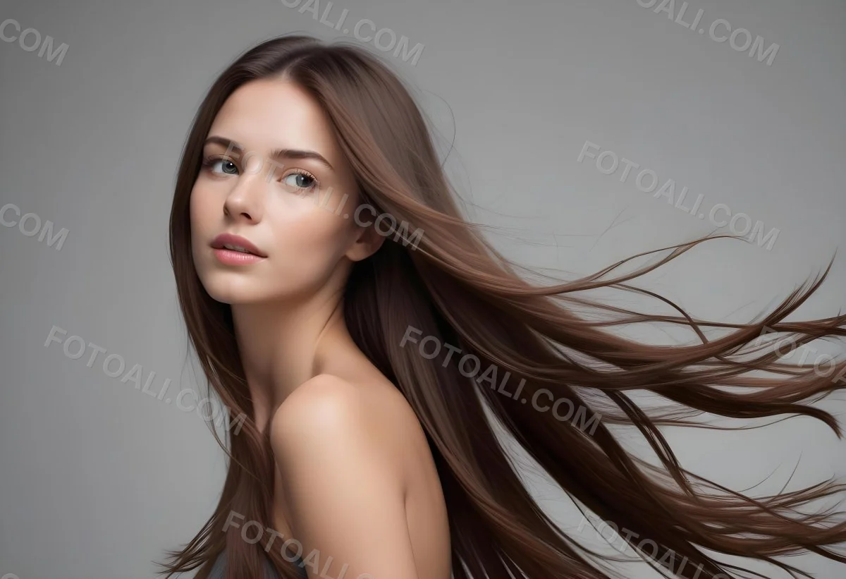 Minimal Soft Studio Light Photography A Young Caucasian Woman With Long Straight Brown Hair Flowing In The Wind Against A Plain Gray Background High Detail Solid Bold Color Background 9 307c