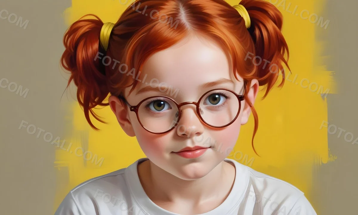 Minimal Soft Studio Light Photography A Young Girl Approximately 8 Years Old With Fair Skin And Red Hair Styled In Two Buns She Is Wearing Round Glasses And A Plain White T Shirt The Background Is A Bright Yellow C 3 C755