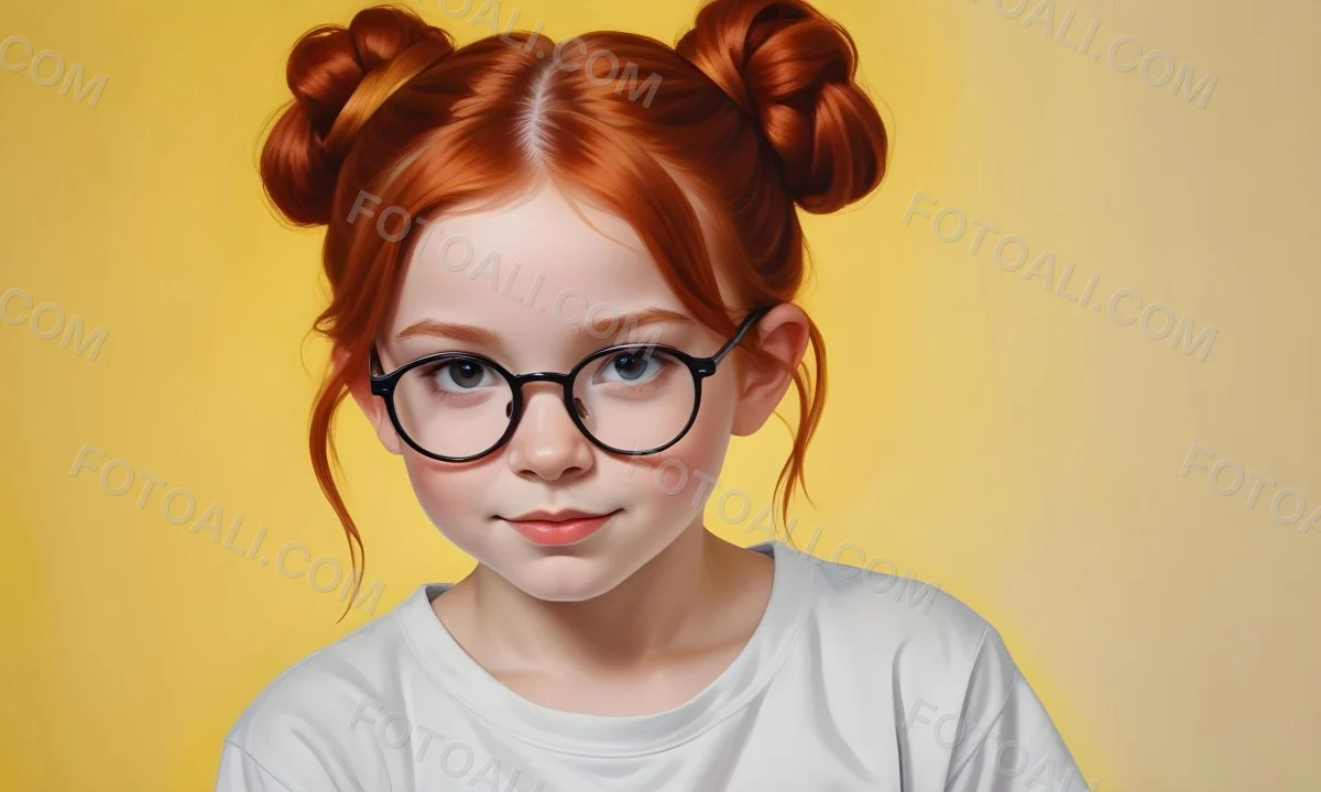 Minimal Soft Studio Light Photography A Young Girl Approximately 8 Years Old With Fair Skin And Red Hair Styled In Two Buns She Is Wearing Round Glasses And A Plain White T Shirt The Background Is A Bright Yellow C 4 1448