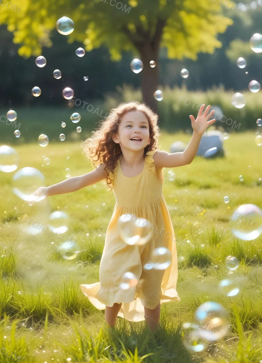 Minimal Soft Studio Light Photography A Young Girl With Curly Brown Hair Approximately 5 Years Old Wearing A Yellow Dress Joyfully Reaching Out Towards Floating Bubbles In The Background Two Other Children Are V 3 Ba45