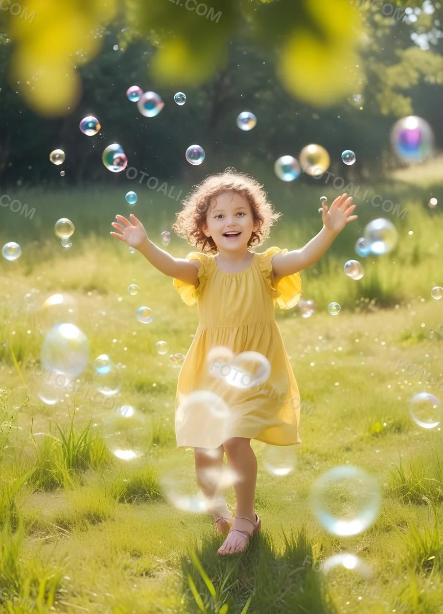 Minimal Soft Studio Light Photography A Young Girl With Curly Brown Hair Approximately 5 Years Old Wearing A Yellow Dress Joyfully Reaching Out Towards Floating Bubbles In The Background Two Other Children Are V 4 11df