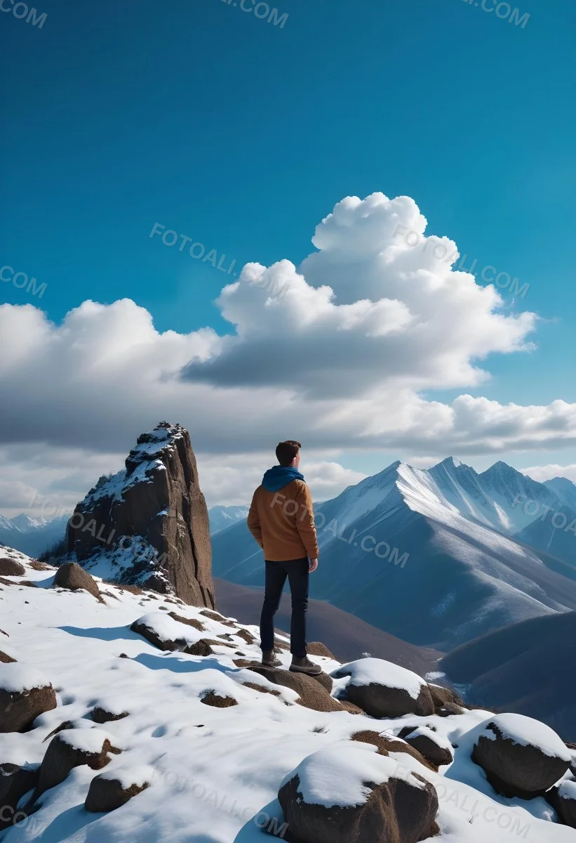Minimal Soft Studio Light Photography A Young Man Standing On A Rocky Cliff Overlooking A Snowy Mountain Landscape With Dramatic Clouds In The Blue Sky High Detail Solid Bold Color Background 17 4383