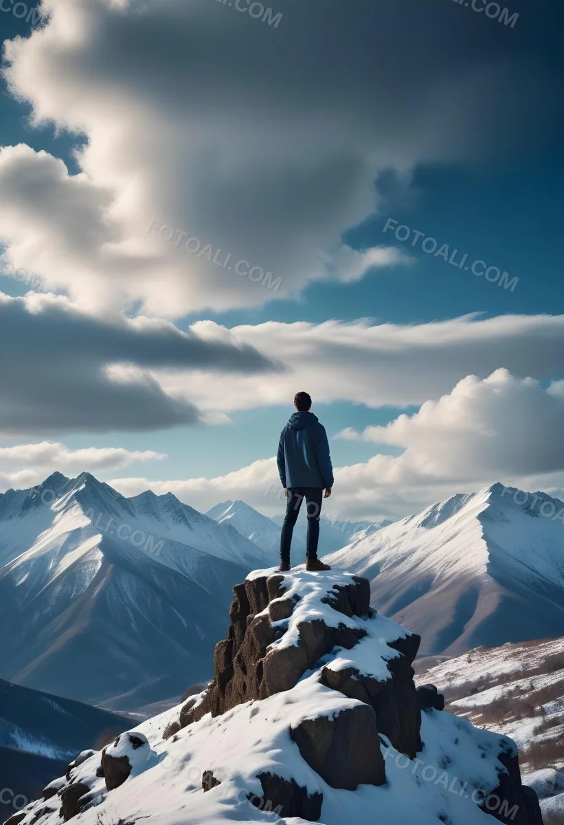 Minimal Soft Studio Light Photography A Young Man Standing On A Rocky Cliff Overlooking A Snowy Mountain Landscape With Dramatic Clouds In The Blue Sky High Detail Solid Bold Color Background 19 657c