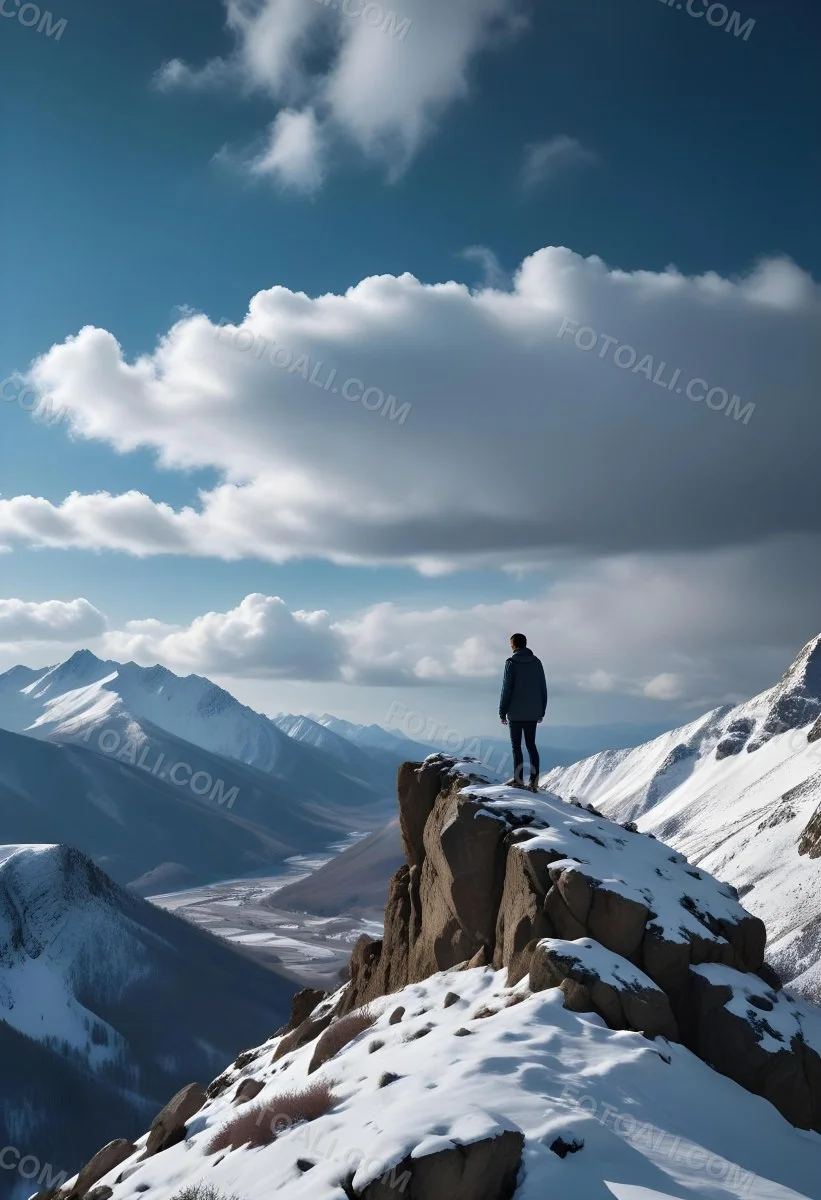 Minimal Soft Studio Light Photography A Young Man Standing On A Rocky Cliff Overlooking A Snowy Mountain Landscape With Dramatic Clouds In The Blue Sky High Detail Solid Bold Color Background 22 9225