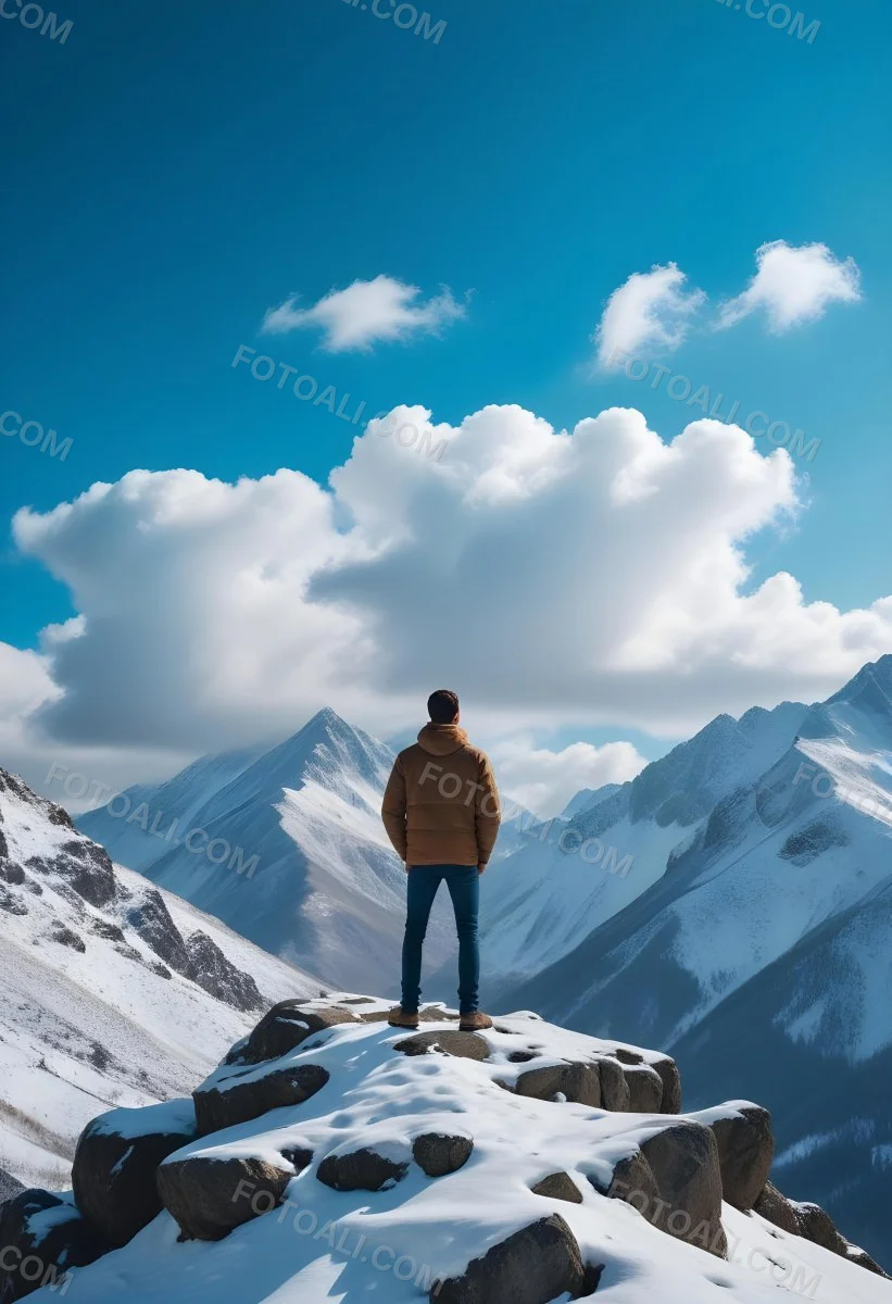 Minimal Soft Studio Light Photography A Young Man Standing On A Rocky Cliff Overlooking A Snowy Mountain Landscape With Dramatic Clouds In The Blue Sky High Detail Solid Bold Color Background 26 6c9b