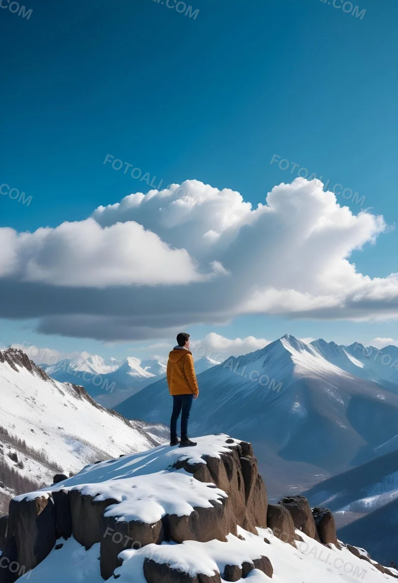 Minimal Soft Studio Light Photography A Young Man Standing On A Rocky Cliff Overlooking A Snowy Mountain Landscape With Dramatic Clouds In The Blue Sky High Detail Solid Bold Color Background 27 Bd78
