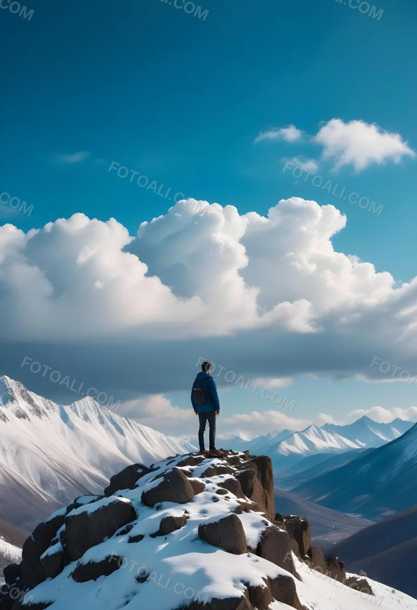 Minimal Soft Studio Light Photography A Young Man Standing On A Rocky Cliff Overlooking A Snowy Mountain Landscape With Dramatic Clouds In The Blue Sky High Detail Solid Bold Color Background 28 231c