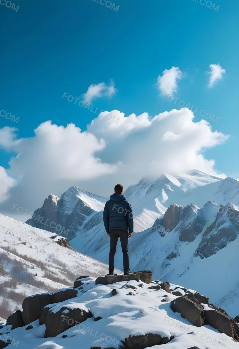 Minimal Soft Studio Light Photography A Young Man Standing On A Rocky Cliff Overlooking A Snowy Mountain Landscape With Dramatic Clouds In The Blue Sky High Detail Solid Bold Color Background 29 5dae