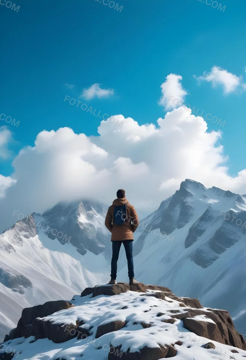 Minimal Soft Studio Light Photography A Young Man Standing On A Rocky Cliff Overlooking A Snowy Mountain Landscape With Dramatic Clouds In The Blue Sky High Detail Solid Bold Color Background 30 7f77