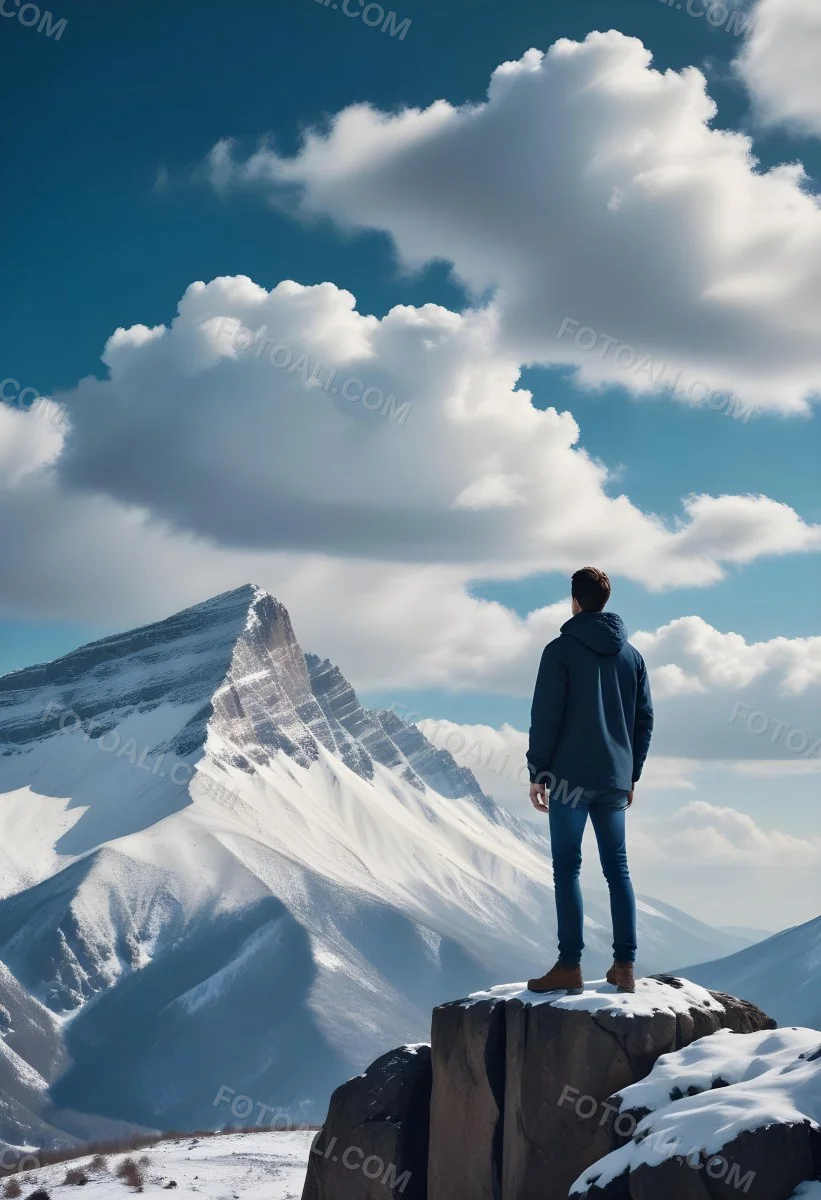 Minimal Soft Studio Light Photography A Young Man Standing On A Rocky Cliff Overlooking A Snowy Mountain Landscape With Dramatic Clouds In The Blue Sky High Detail Solid Bold Color Background 5 A65a