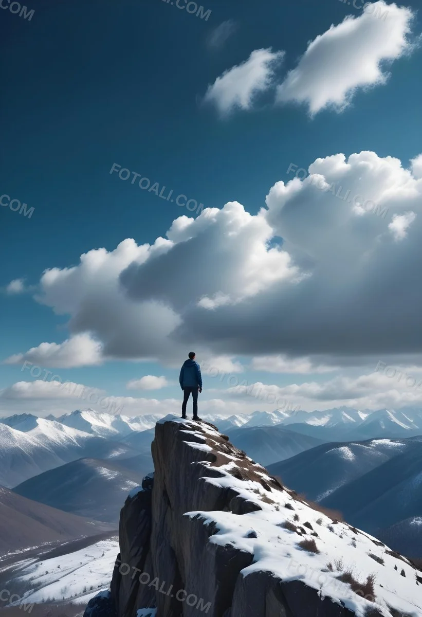 Minimal Soft Studio Light Photography A Young Man Standing On A Rocky Cliff Overlooking A Snowy Mountain Landscape With Dramatic Clouds In The Blue Sky High Detail Solid Bold Color Background 6 Ea21