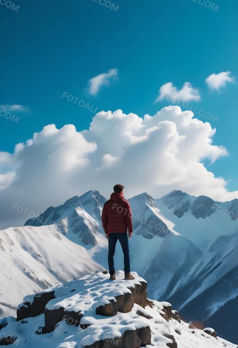 Minimal Soft Studio Light Photography A Young Man Standing On A Rocky Cliff Overlooking A Snowy Mountain Landscape With Dramatic Clouds In The Blue Sky High Detail Solid Bold Color Background 9 C1ba