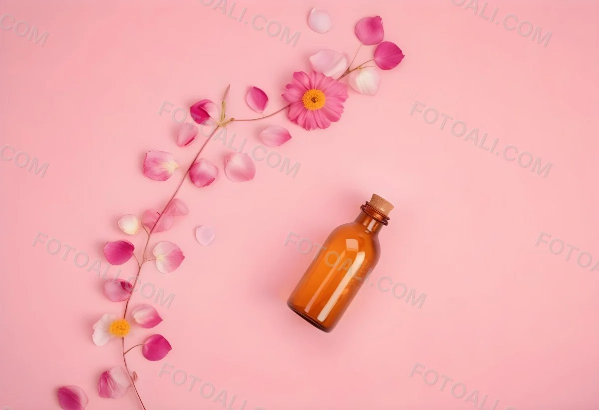 Minimal Soft Studio Light Photography An Amber Glass Bottle With A Pink Cap Surrounded By Pink Flower Petals On A Pink Background Top View Flat Lay Studio Shot High Detail Solid Bold Color Background 10 C455