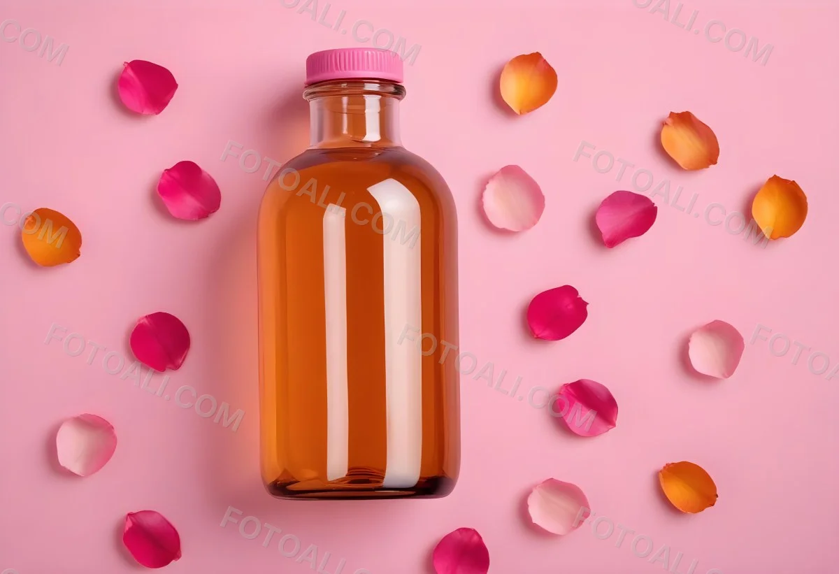 Minimal Soft Studio Light Photography An Amber Glass Bottle With A Pink Cap Surrounded By Pink Flower Petals On A Pink Background Top View Flat Lay Studio Shot High Detail Solid Bold Color Background 13 Ece5