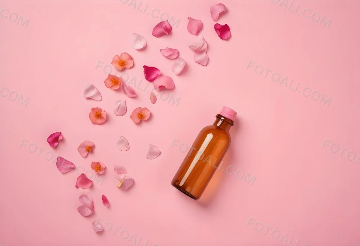 Minimal Soft Studio Light Photography An Amber Glass Bottle With A Pink Cap Surrounded By Pink Flower Petals On A Pink Background Top View Flat Lay Studio Shot High Detail Solid Bold Color Background 18 3f1e